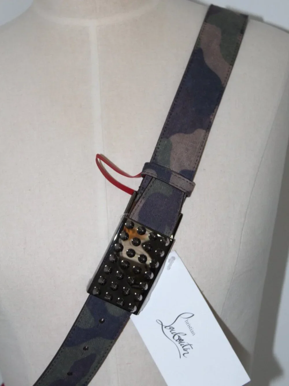 NEW Christian Louboutin Camo Crosta Leather Belt Spike Studded 105 42